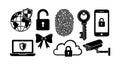 Black and white flat design security icons including globe shield fingerprint key mobile lock laptop cloud surveillance camera Royalty Free Stock Photo