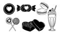 Black and white flat design valentines sweets set with heart cookie, wrapped candy, macarons, lollipops, chocolate box and Royalty Free Stock Photo