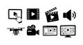 Black and white flat design video player icons including hand tapping screen drone camera and media controls Royalty Free Stock Photo