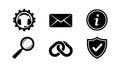 Black and white flat icon set including headset gear, envelope mail, information circle, magnifying glass, chain link, and shield Royalty Free Stock Photo