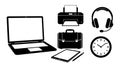 Black and white flat icon set with open laptop printer headset briefcase clock and notebook with pen simple vector illustration Royalty Free Stock Photo