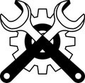 black and white illustration of Two wrenches and a rear gear Royalty Free Stock Photo