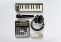 Black and white flat lay composition. Portable and compact music home studio for music production. Top view on Royalty Free Stock Photo