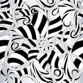 Black and white Floral Abstract seamless Pattern. Ornamental monochrome vector background. Intricate striped flowers, leaves, Royalty Free Stock Photo