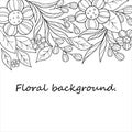 Black and white floral background, horizontal border. Contour abstract illustration of flowers, leaves and twigs Royalty Free Stock Photo