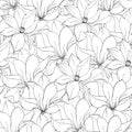 Black and white floral background of magnolia and lily flowers, hand-drawn vector seamless pattern