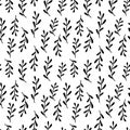 Black And White Floral Background. Monochrome Branches, Leaves Vector Seamless Pattern, Japanese Style