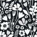 Black and white floral botanical pattern. White hand drawn flowers, Vector seamless texture perfect for fabric, digital papers, Royalty Free Stock Photo