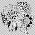 Black and white floral coloring on transparent background. Flower tattoo artwork. Royalty Free Stock Photo