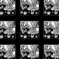 Black and white floral doodle pattern on black background Royalty Free Stock Photo