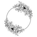Black and white floral frame peony, leaves. Line art flower wreath. Hand drawn botanical vector illustration.