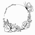 Black and white floral illustration. Vector flowers in circle. Spring blossom. Hand drawn linear card