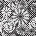 Black and white floral lacy greek vector seamless pattern. Monochrome ornamental lace background. Spiral shapes, radial lines,