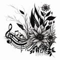 Black and white floral musical notes vector pattern background illustration with shades. Bloom line art flowers, leaves, branches Royalty Free Stock Photo