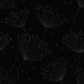 Black and white floral seamless pattern with white contours of abstract dandelions on textured black background