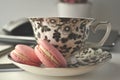 A black and white floral tea cup with pink French macaroons on a table with laptop computer and a mouse - a work from home workst Royalty Free Stock Photo