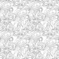 Black and white floral coloring page. Hand drawn black contours of rose flowers on white background. Royalty Free Stock Photo