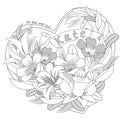 Black and white flower decoration with name Kate, heart frame. Coloring book page.