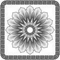 Black and white flower with frame. Floral beautiful mandala pattern and greek square frame. Vector ornamental monochrome Royalty Free Stock Photo