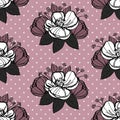 Black and white flowers silhouette outline buds with leaves seamless pattern , dusty pink repeatable vector texture tile square. s