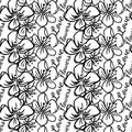 Black And White Flowers Silhouette Outline Buds With Leaves Seamless Pattern , Repeatable Vector Texture Tile Square. Scandinavian