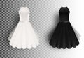 Black and white fluffy dress mockup set, vector isolated illustration. Realistic women little cocktail dresses