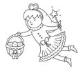 Black and white flying tooth fairy vector icon. Kawaii outline fantasy princess with basket full of smiling teeth. Funny line