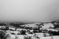 Black and white foggy snowy landscape in winter