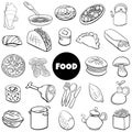 Black and white food objects big set cartoon illustration Royalty Free Stock Photo