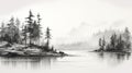 Black And White Forest Illustration: Hazy Landscapes And Calm Waters