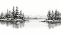 Black And White Forest Lake Drawing: Digital Painting With Pine Trees Royalty Free Stock Photo