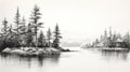 Black And White Forest Lake Drawing: Realistic Sketch Of Pine Trees Royalty Free Stock Photo