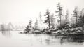 Black And White Forest Lake Sketch: Digital Painting Inspired By National Geographic Royalty Free Stock Photo