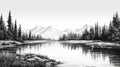 Black And White Forest Near River Illustration: High Detail Vector Art Royalty Free Stock Photo