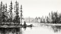 Black And White Forest Sketch Digital Painting Of Pine Trees By The Lake Royalty Free Stock Photo
