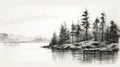 Black And White Forest Sketch Digital Painting Of Pine Trees By The Lake Royalty Free Stock Photo