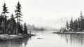 Black And White Forest Sketch: Digital Painting Of Pine Trees By The Water Royalty Free Stock Photo