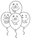 Black And White Four Balloons Cartoon Mascot Character With Expressions