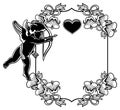 Black and white frame with silhouettes of Cupid and hearts. Raster clip art.