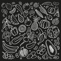 Black and white fruits and vegetables in organic doodle style.