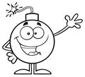Black And White Funny Bomb Cartoon Mascot Character Waving For Greeting.