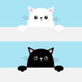 Black white funny cat head face hanging on paper board template. Kitten body with paw print. Cute cartoon character set. Kawaii an Royalty Free Stock Photo