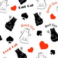 Black and white funny cats, card suits and good, bad cat text. Cool seamless pattern. Vector illustration Royalty Free Stock Photo