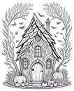 Black and white funny fairy house, halloween cute house isolated, coloring book page illustration Royalty Free Stock Photo