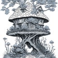 Black and white funny fantasy mushroom house, coloring book page Royalty Free Stock Photo