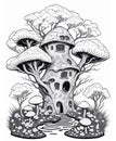 Black and white funny fantasy mushroom house, coloring book page illustration Royalty Free Stock Photo