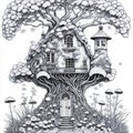 Black and white funny fantasy mushroom house, coloring book page illustration Royalty Free Stock Photo