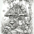 Black and white funny fantasy mushroom house, coloring book page illustration Royalty Free Stock Photo