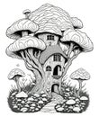 Black and white funny fantasy mushroom house, coloring book page illustration Royalty Free Stock Photo