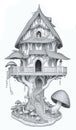 Black and white funny fantasy mushroom house, coloring book page Royalty Free Stock Photo